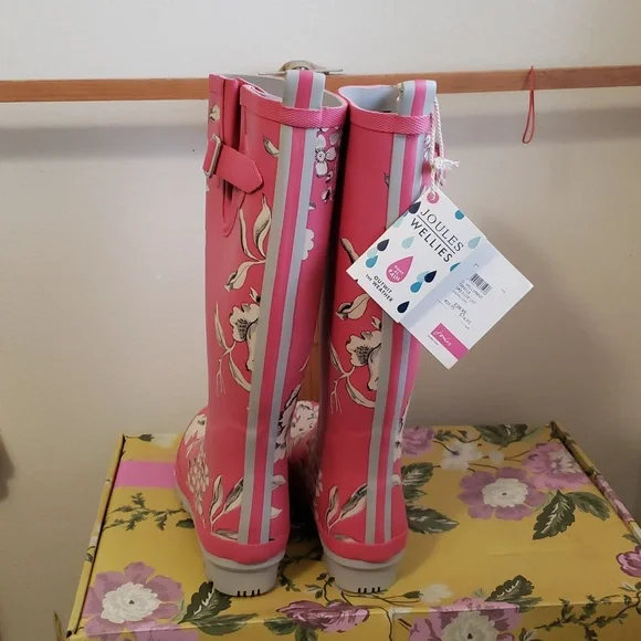 Joules Womans Pink W/ White Floral Print Rain Boots - Picture 4 of 11
